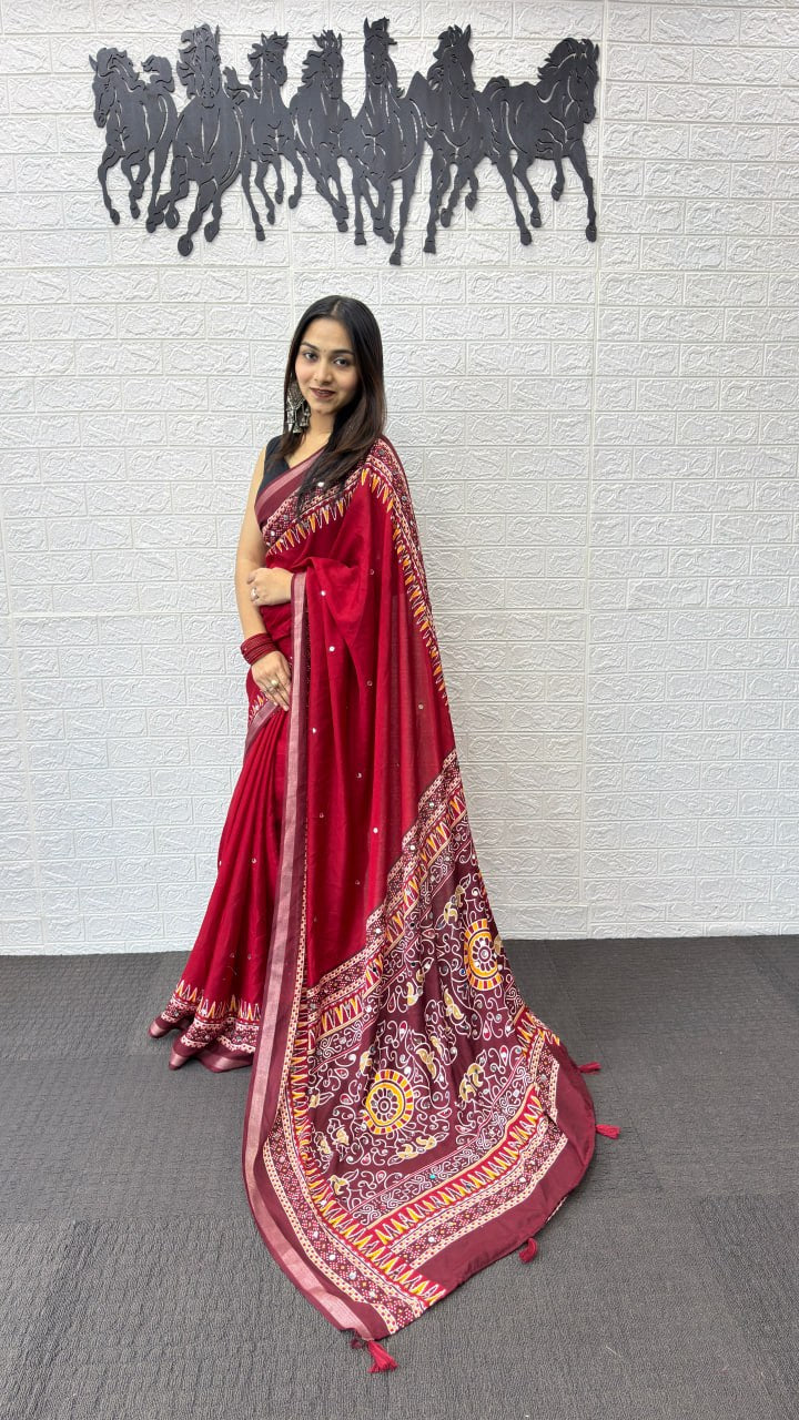 Real Mirror Hand Work with Viscose Latkan Pallu Soft Heavy Mall Cotton Silk Sarees