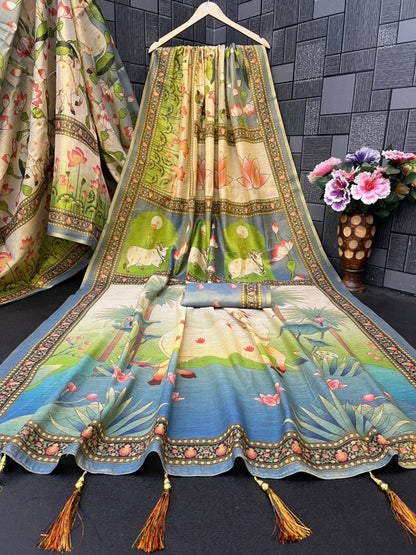 Soft Handloom Fabric Digital Print With Rich Pallu With Heavy Border Saree