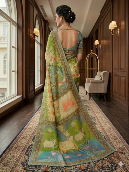 Soft Handloom Fabric Digital Print With Rich Pallu With Heavy Border Saree