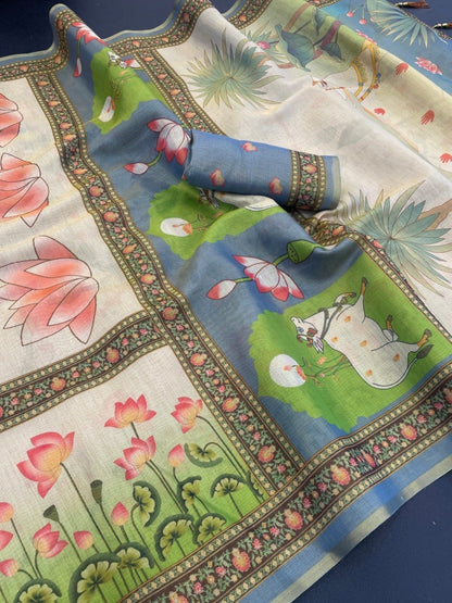 Soft Handloom Fabric Digital Print With Rich Pallu With Heavy Border Saree