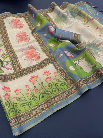Soft Handloom Fabric Digital Print With Rich Pallu With Heavy Border Saree