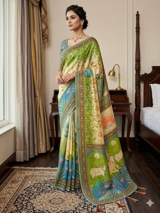 Soft Handloom Fabric Digital Print With Rich Pallu With Heavy Border Saree