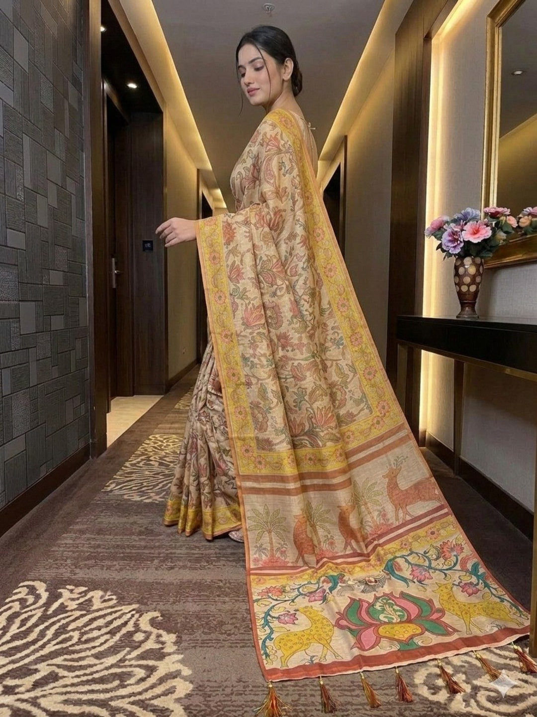 Mustard Soft Handloom Fabric Digital Print With Rich Pallu With Heavy Border Saree