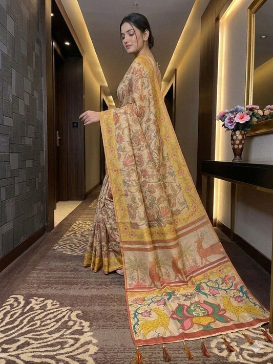 Mustard Soft Handloom Fabric Digital Print With Rich Pallu With Heavy Border Saree