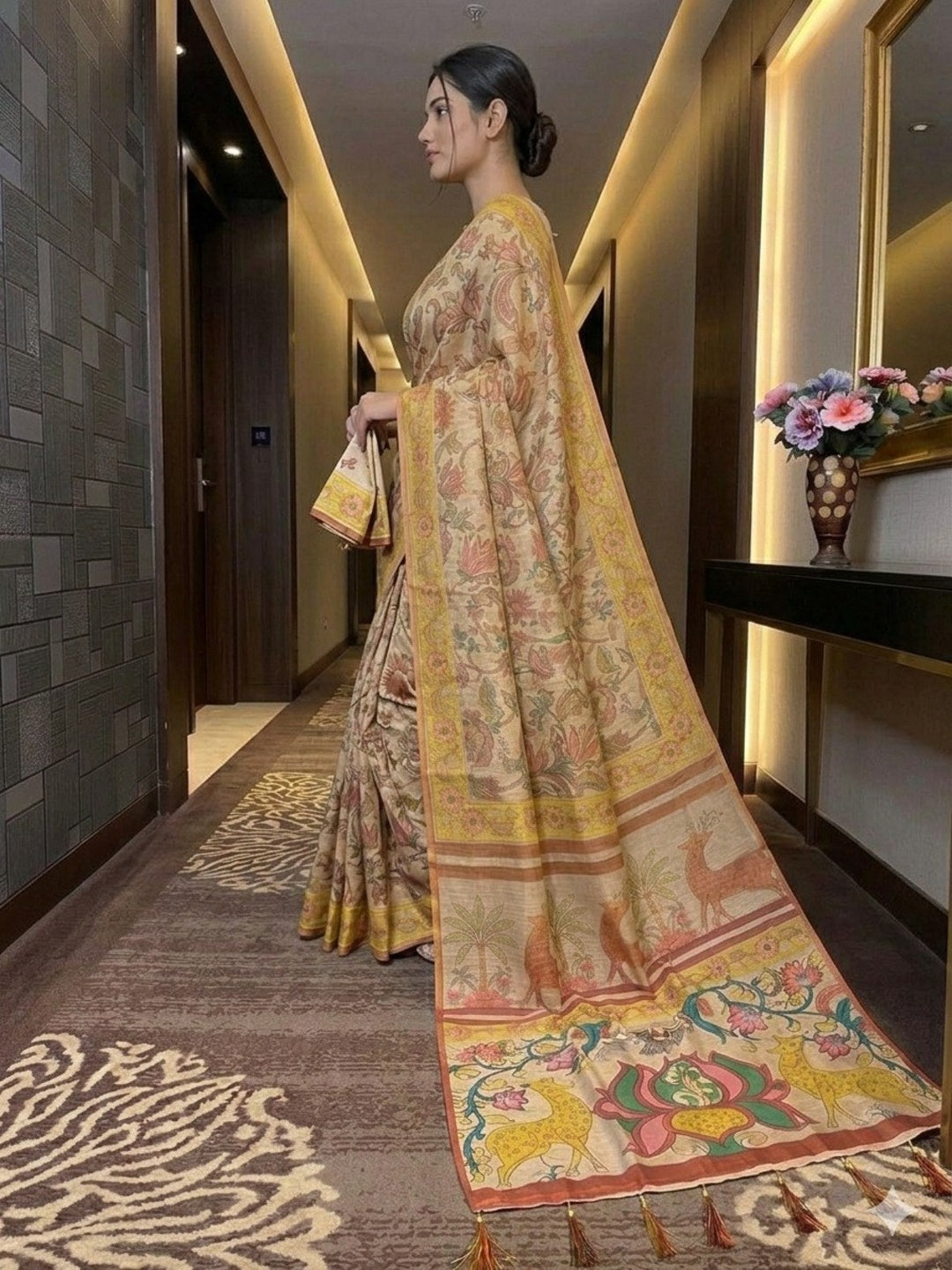 Mustard Soft Handloom Fabric Digital Print With Rich Pallu With Heavy Border Saree