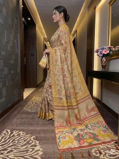 Mustard Soft Handloom Fabric Digital Print With Rich Pallu With Heavy Border Saree