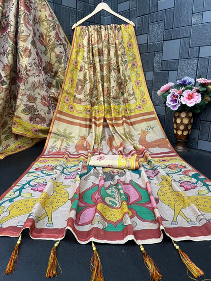 Mustard Soft Handloom Fabric Digital Print With Rich Pallu With Heavy Border Saree