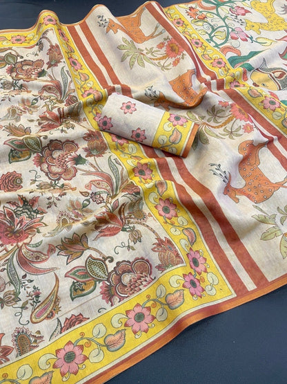 Mustard Soft Handloom Fabric Digital Print With Rich Pallu With Heavy Border Saree