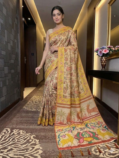 Mustard Soft Handloom Fabric Digital Print With Rich Pallu With Heavy Border Saree
