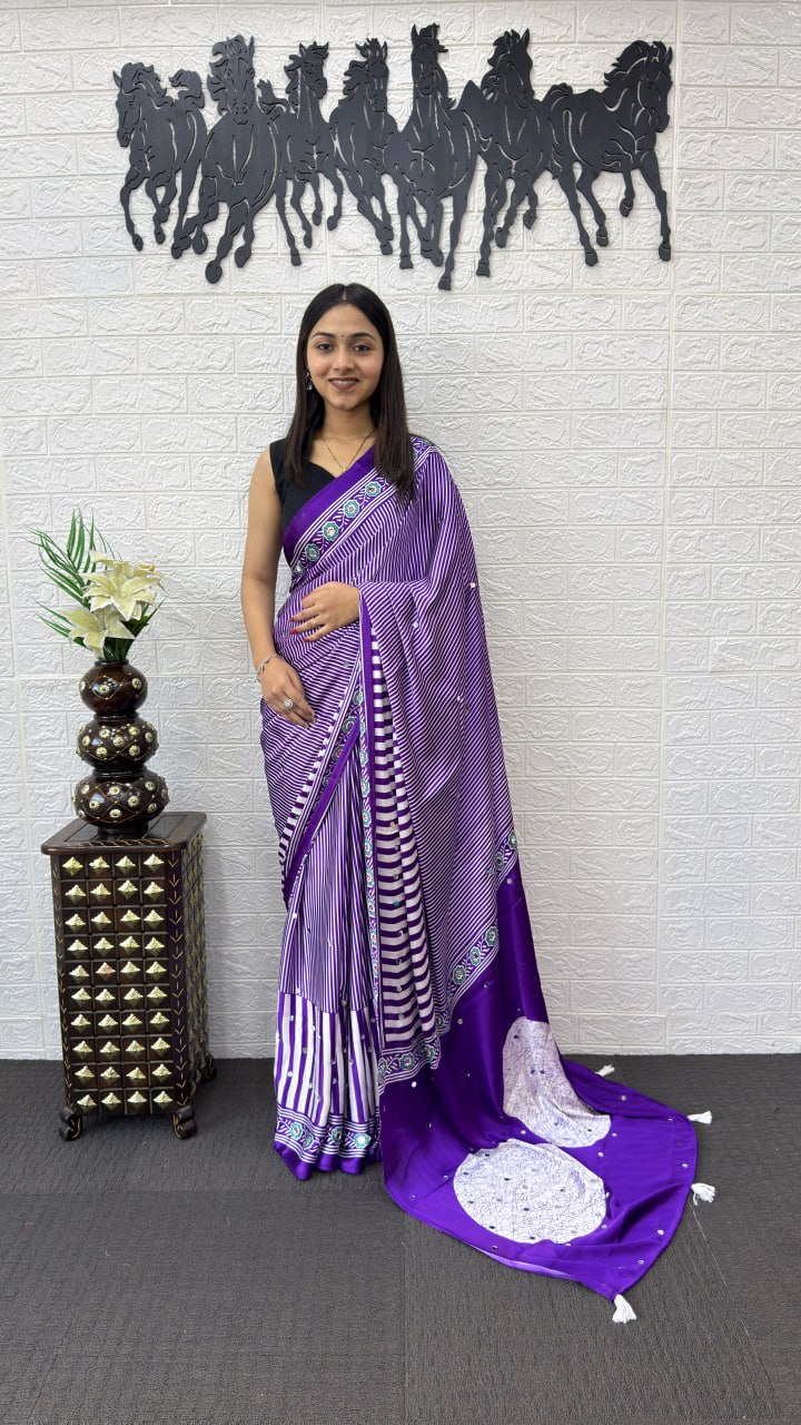 Purple Real Mirror Hand Work with Viscose Latkan Pallu Soft Heavy Mall Cotton Silk Sarees