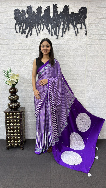 Purple Real Mirror Hand Work with Viscose Latkan Pallu Soft Heavy Mall Cotton Silk Sarees