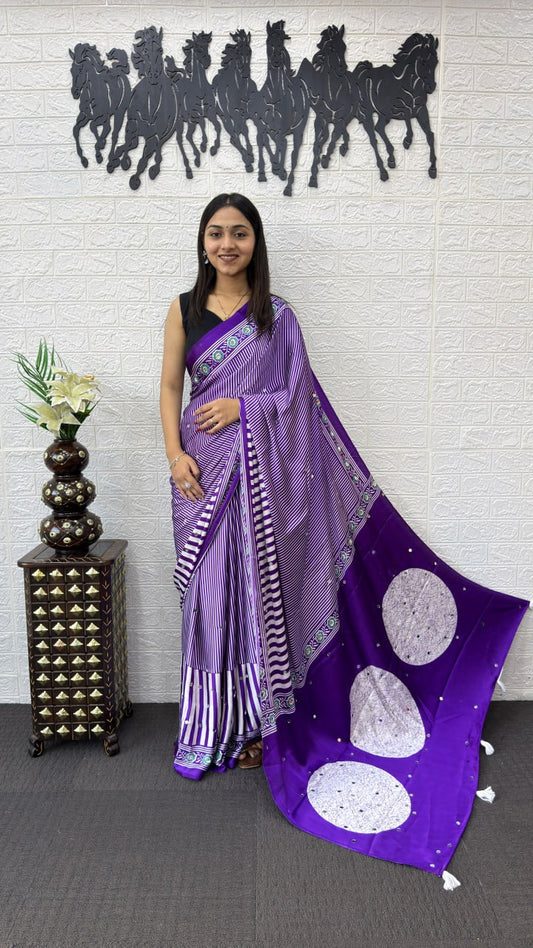 Purple Real Mirror Hand Work with Viscose Latkan Pallu Soft Heavy Mall Cotton Silk Sarees