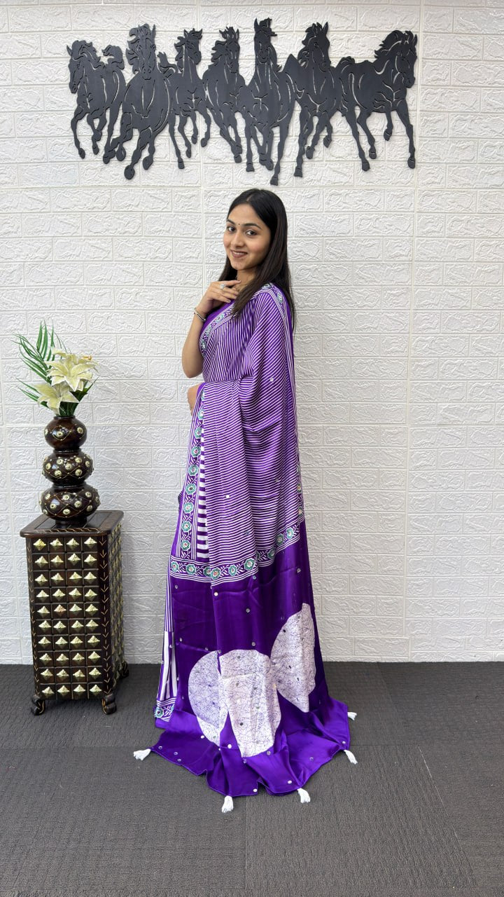 Purple Real Mirror Hand Work with Viscose Latkan Pallu Soft Heavy Mall Cotton Silk Sarees
