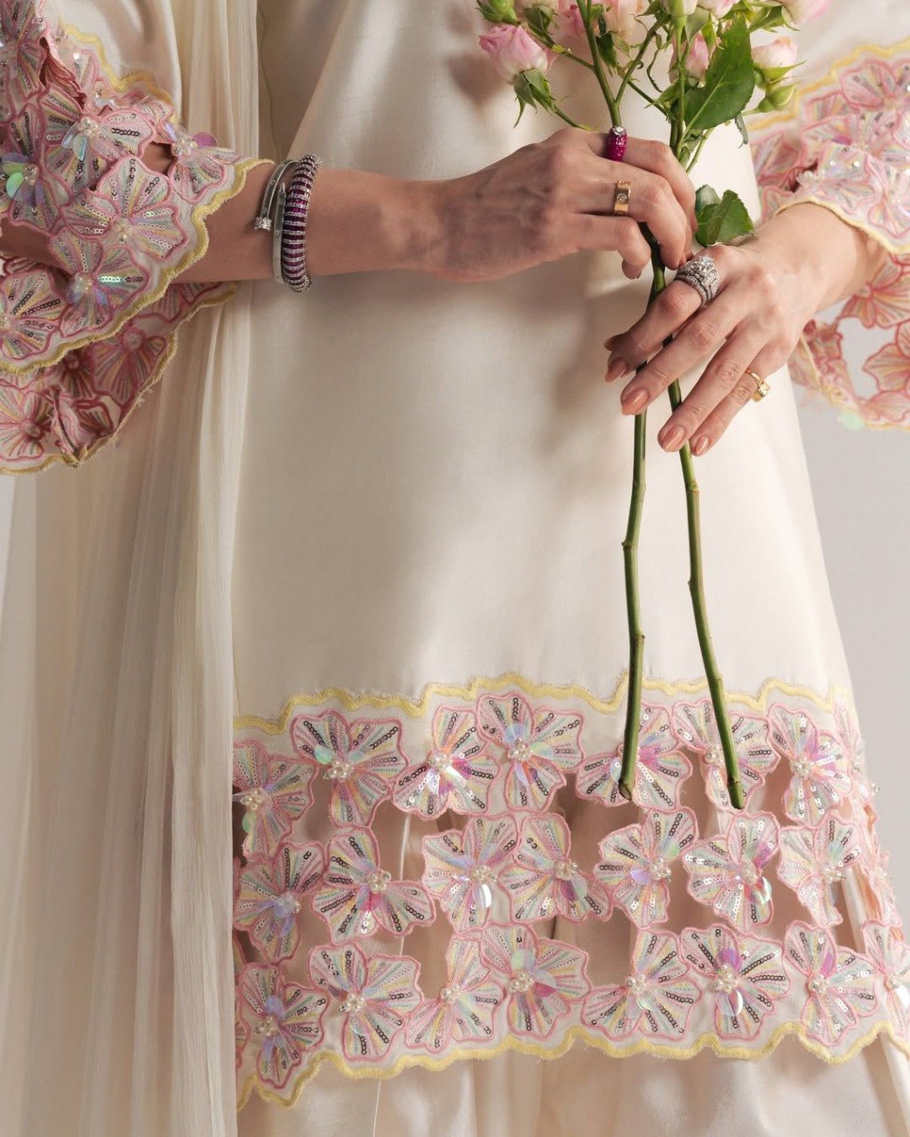 Stitched Crep Silk Suit Heavy Embroidery Sequence Work Moti Hand Work