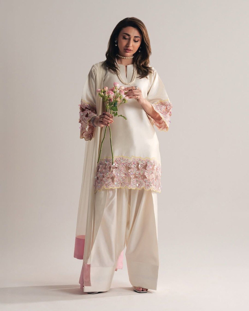 Stitched Crep Silk Suit Heavy Embroidery Sequence Work Moti Hand Work