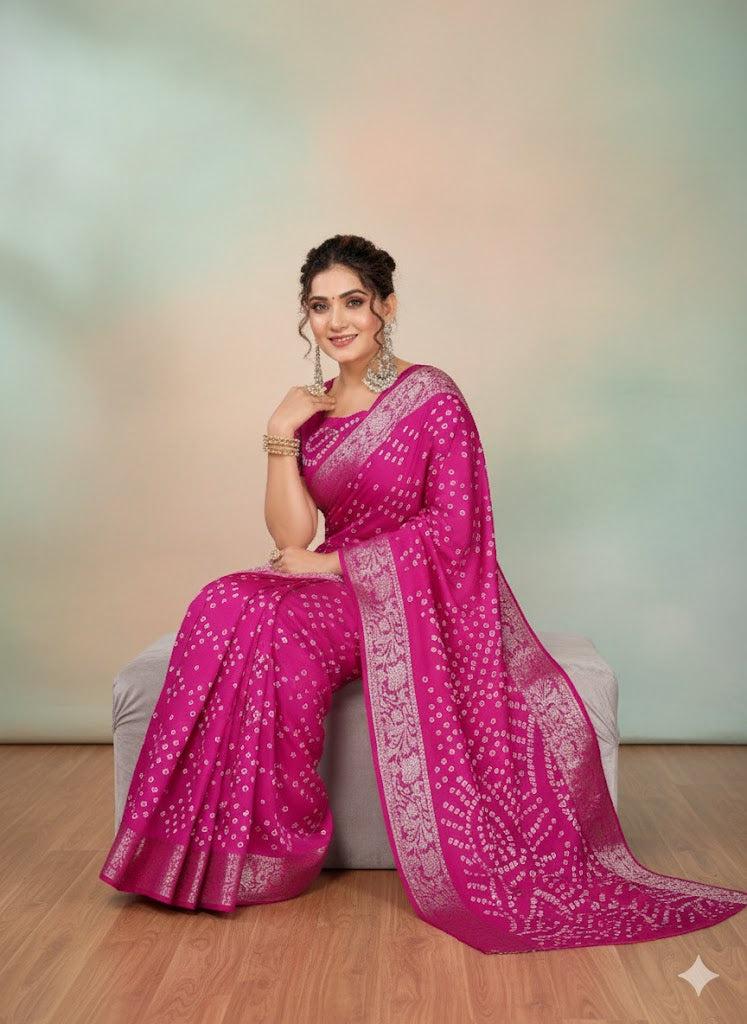 Paithani Bandhej Silk Saree With Zari Weaving Border