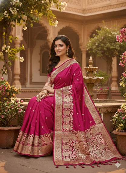 Women Pure Soft Banarsi Silk Saree Red With Zari Weaved