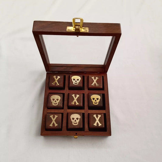 Tic tac toe glass top in sheesham wood, bone & Skull design inlay in box gift