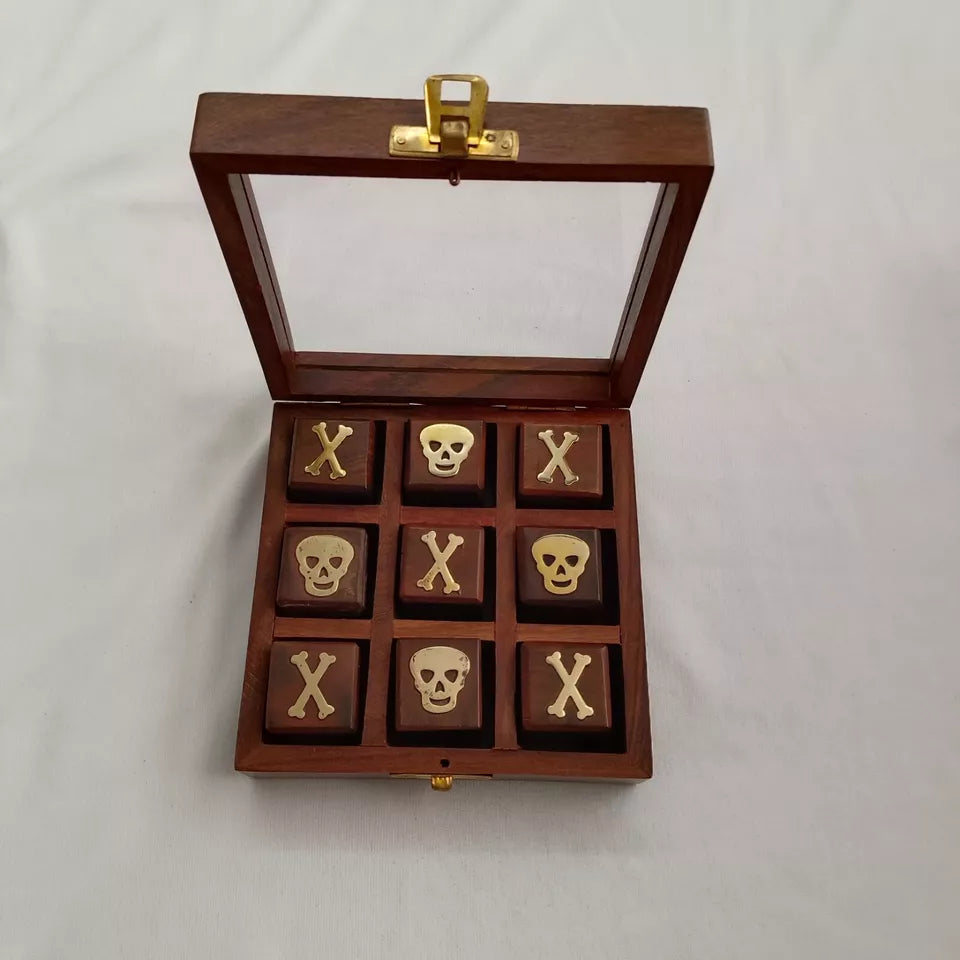 Tic tac toe glass top in sheesham wood, bone & Skull design inlay in box gift