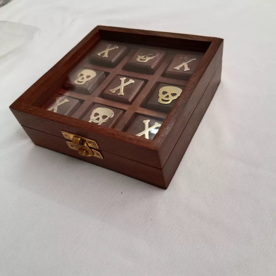 Tic tac toe glass top in sheesham wood, bone & Skull design inlay in box gift