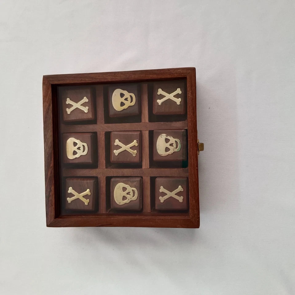 Tic tac toe glass top in sheesham wood, bone & Skull design inlay in box gift