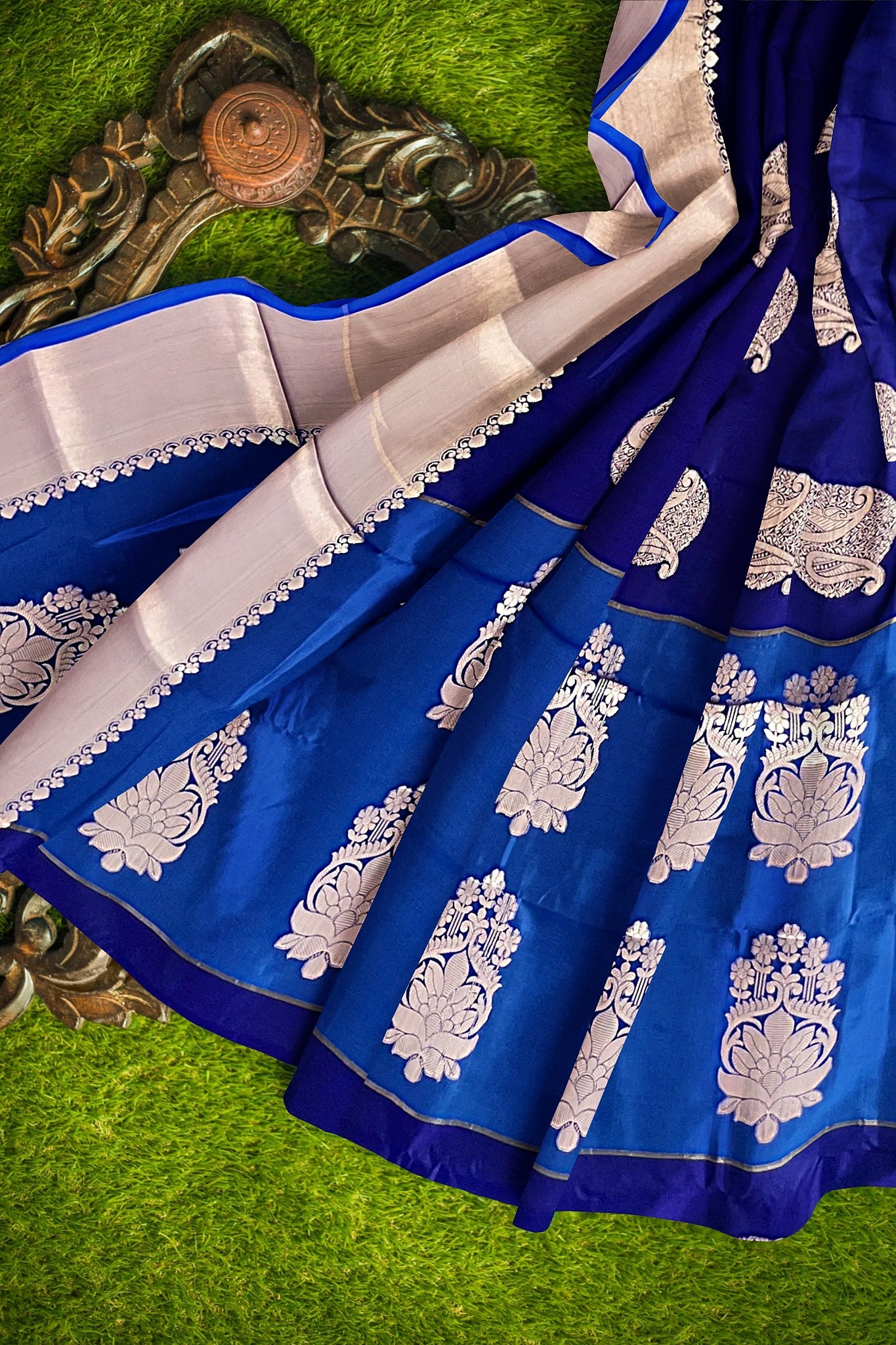 Saree soft silk blue and purple copper booti Weaved wedding partywear Sari