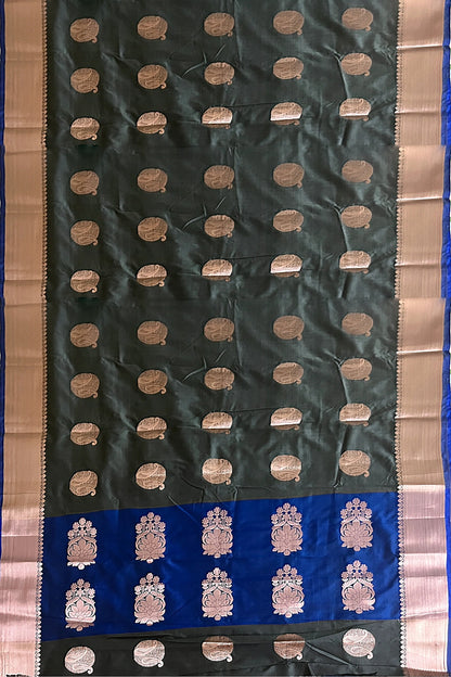 Saree soft silk blue and grey copper booti Weaved Sari wedding partywear NEW