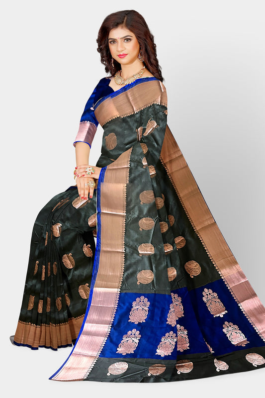Saree soft silk blue and grey copper booti Weaved Sari wedding partywear NEW