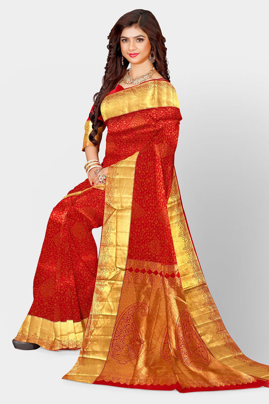 Saree Kanjivaram Pure silk Red Golden fully Woven Sari wedding partywear