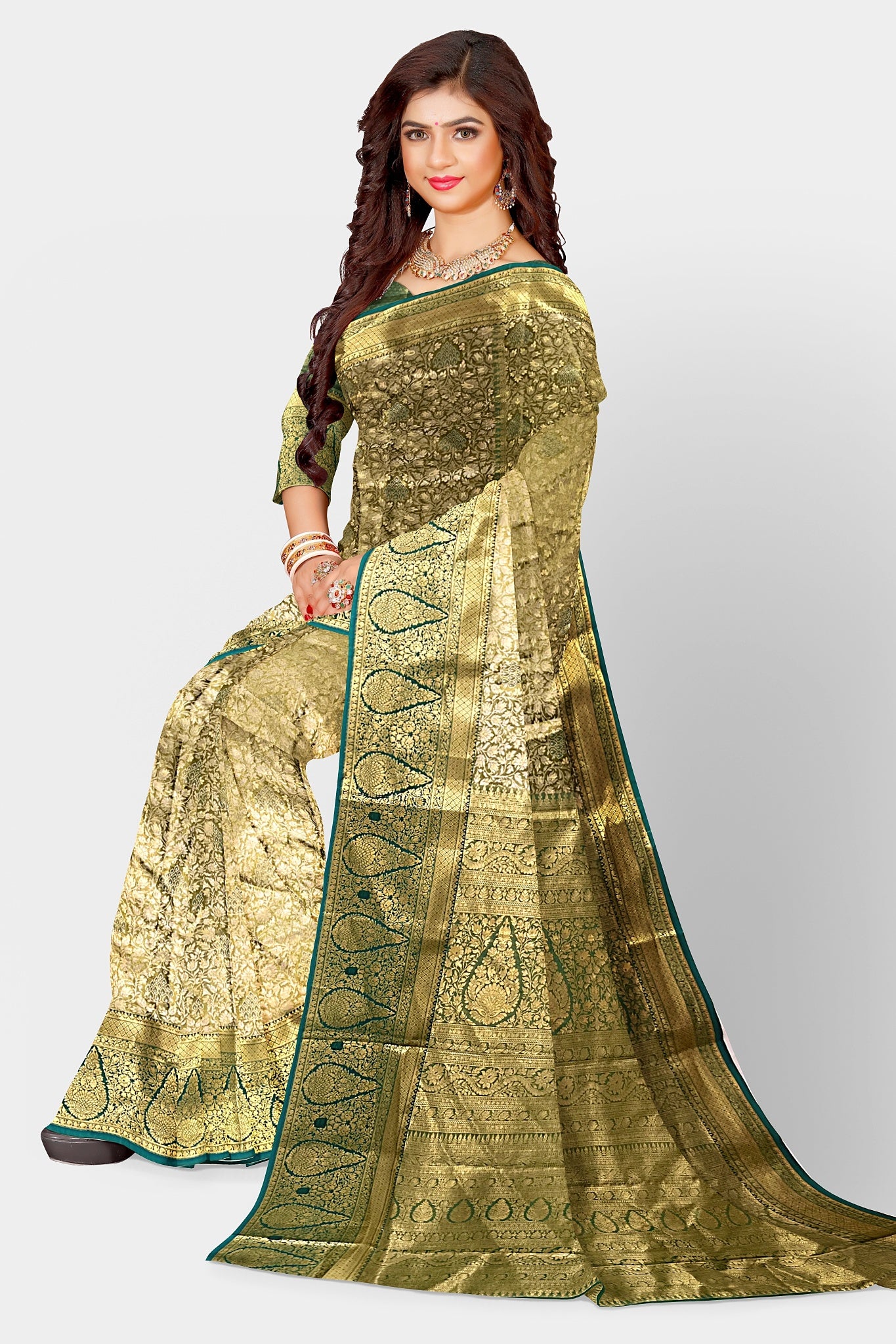Saree tissue silk Green and golden Sari wedding partywear festive