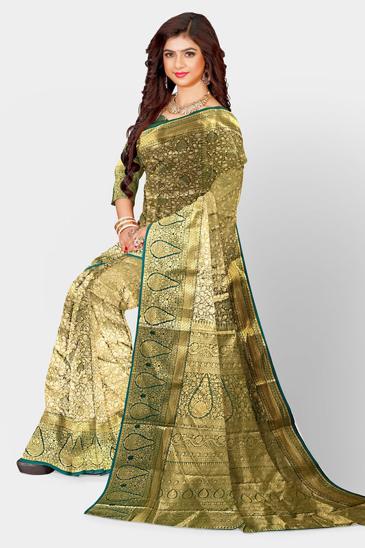 Saree tissue silk Green and golden Sari wedding partywear festive