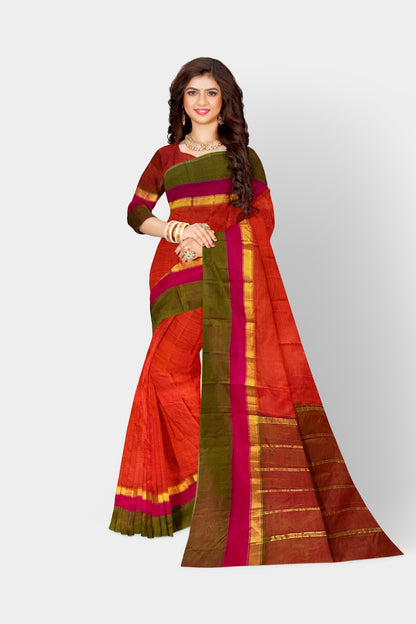 Women's pure silk orange saree with green border