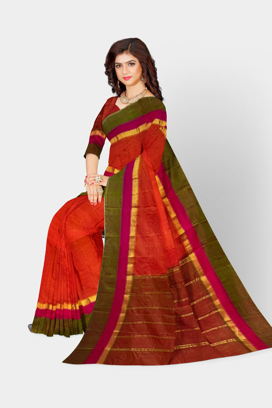 Women's pure silk orange saree with green border