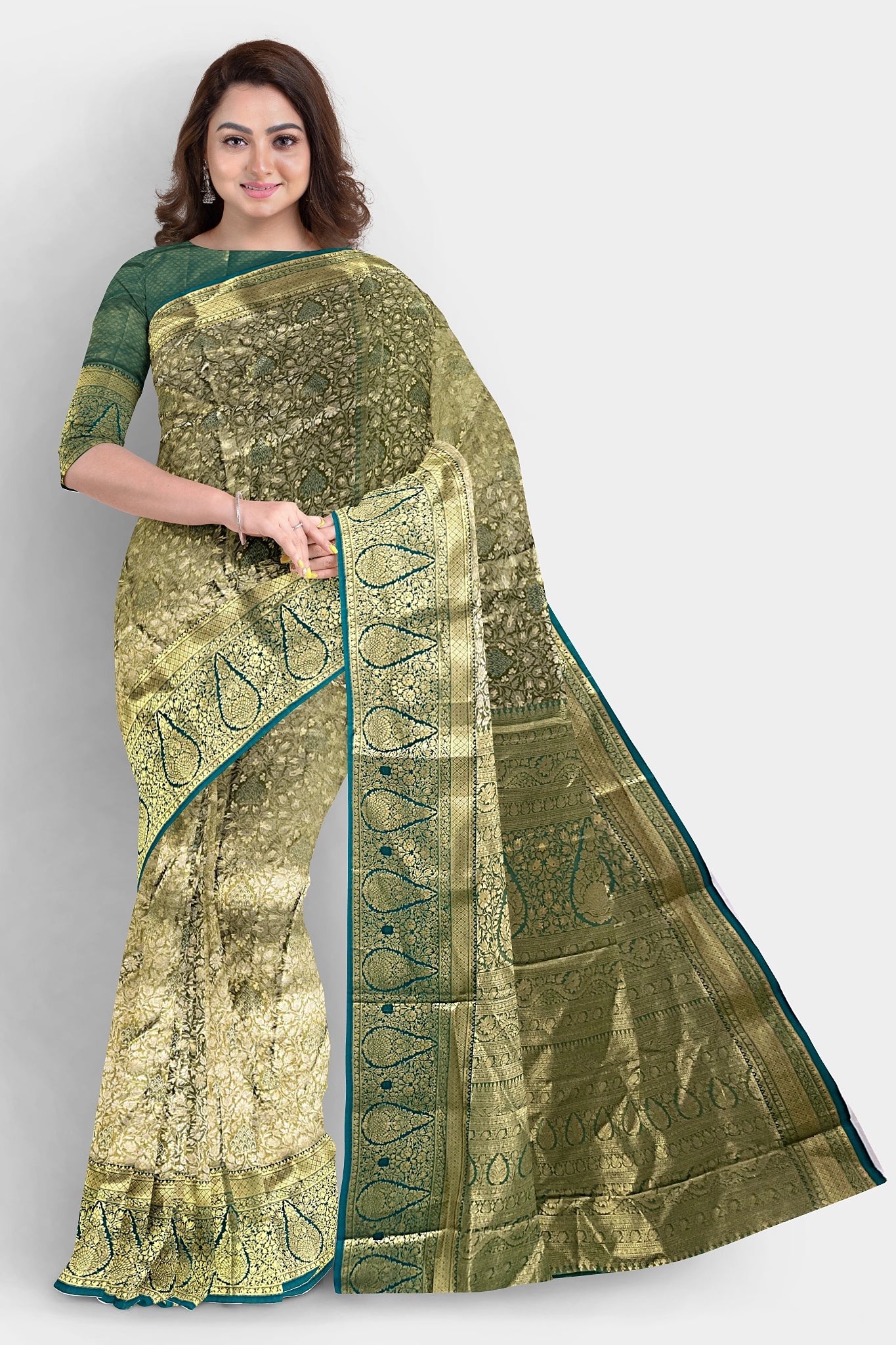 Saree tissue silk Green and golden Sari wedding partywear festive