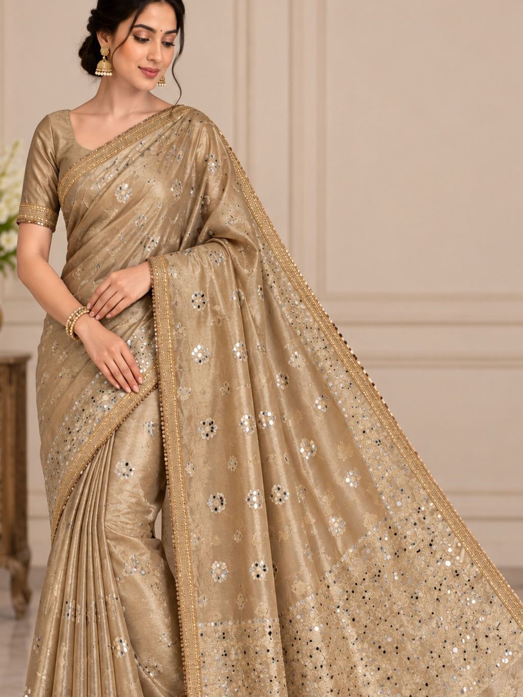 Woven Design Mirror Work Tissue Designer Banarasi Saree