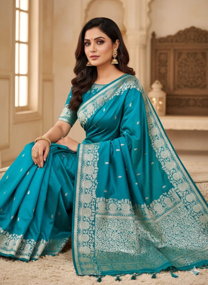 Women Pure Soft Banarsi Silk Saree Sky Blue With Zari Weaved