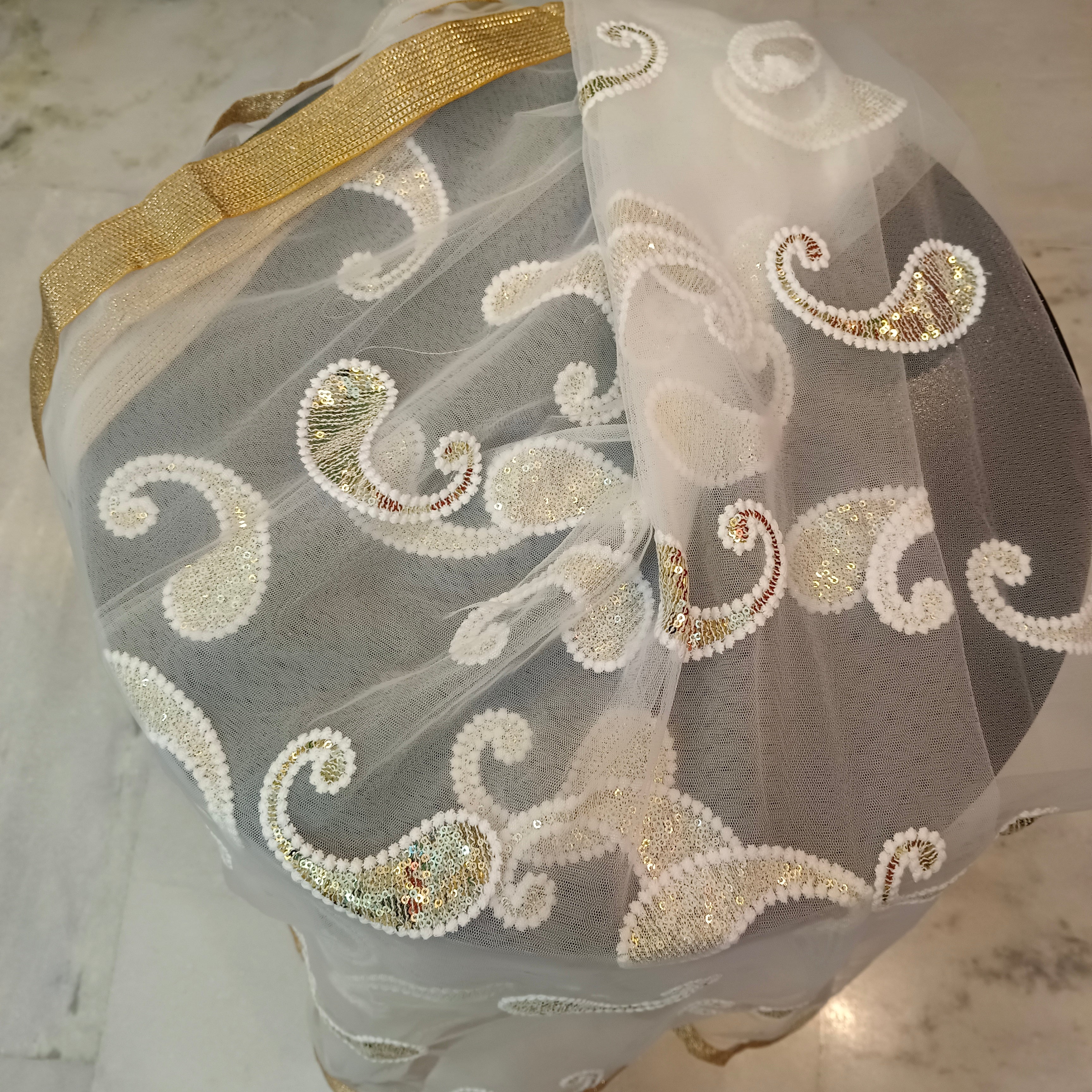 Net Heavy Dupatta White Party Wear Chunni Stole Scarf Sequence Work