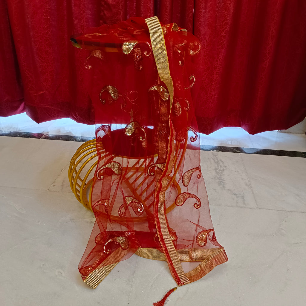 Red Net Dupatta Sequence Work Party Wear Chunni Stole Scarf